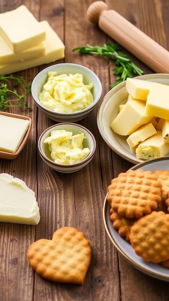 Versatile Butter Recipes A display of garlic herb compound butter, brown butter sauce, and butter cookies on a rustic table.